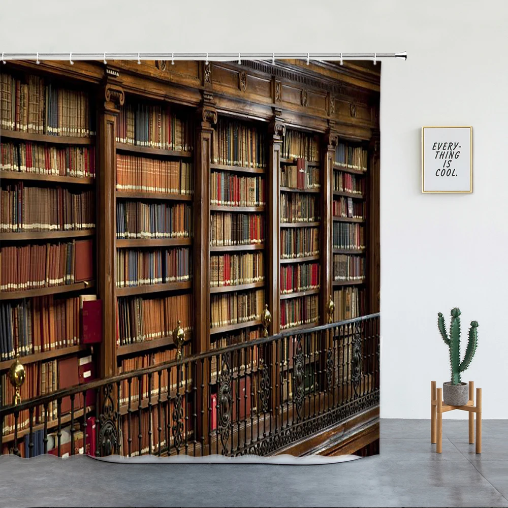 

Винтажная книжная полка для душа, ретро-библиотека, черный, коричневый деревянный узор, Декор, ткань для ванной комнаты, занавеска для ванно...