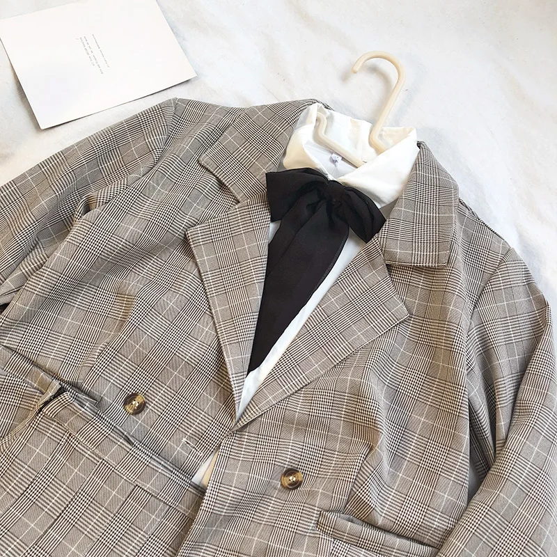 Женский клетчатый костюм MUMUZI пиджак и плиссированная юбка в консервативном