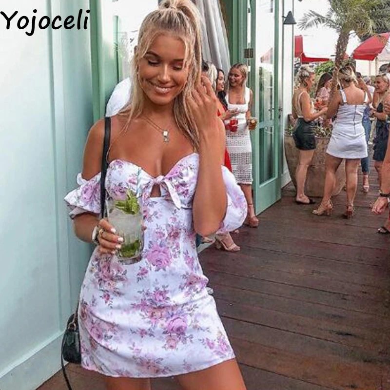 Женское мини платье Yojoceli летнее Пляжное шифоновое с принтом и бантом