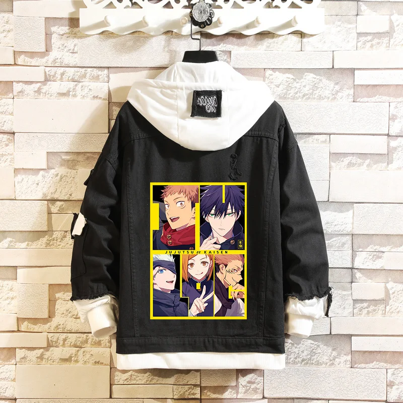 

Джинсовая куртка с капюшоном для косплея, костюм из денима чёрного цвета в стиле «Харадзюку», верхняя одежда, пальто