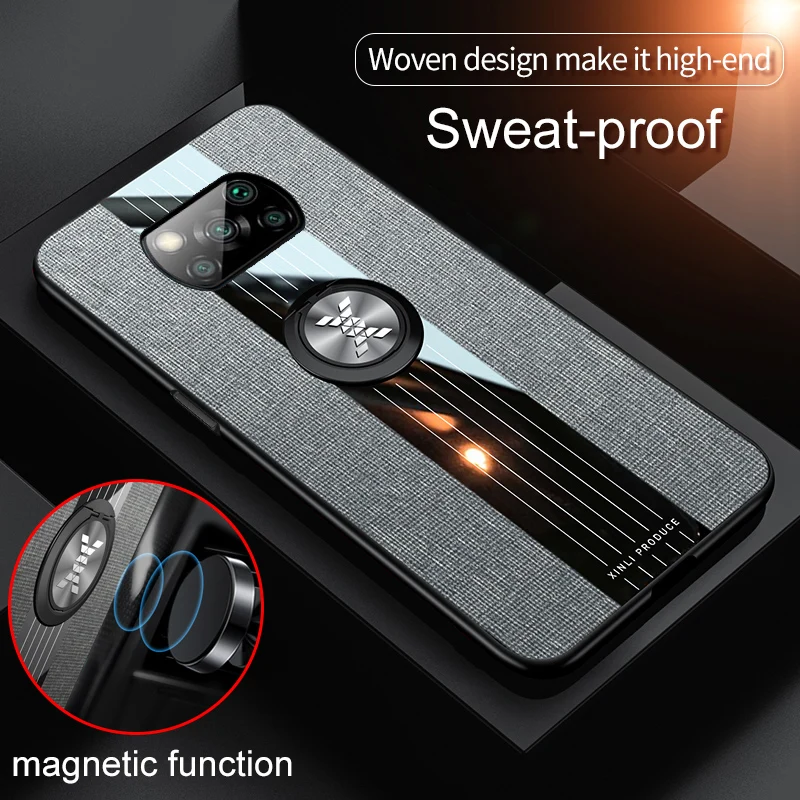 For POCO X3 Case Ring Holder Fabric Texture Hard Glossy Cover Soft Frame Cloth Phone Case For Xiaomi POCO X3 Pro NFC