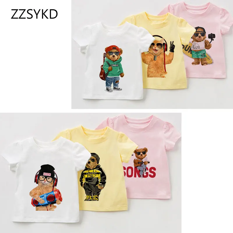 

Новинка, футболка для девочек, детские рубашки для мальчиков и девочек, детские Забавные топы с мультяшным принтом медведя, кота, одежда с ко...