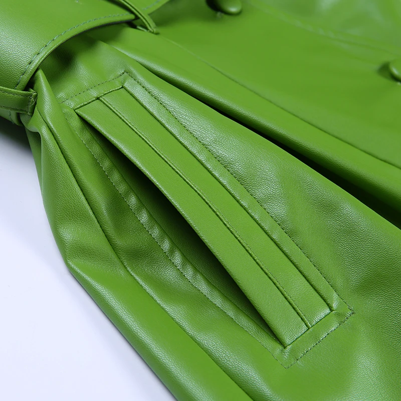 WannaThis Faux Leather Fur Coat Women With Belt Warm Thick Outwear PU Leather Streetwear Female Elegant Outwear Long Coat Green