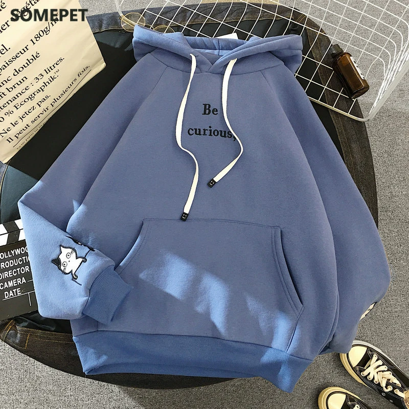 

oversized women clothes Hooded Sweatshirt Cute Patchwork Pockets Pullover Tops Harajuku Cat Printed Long Sleeve Hoodies Women