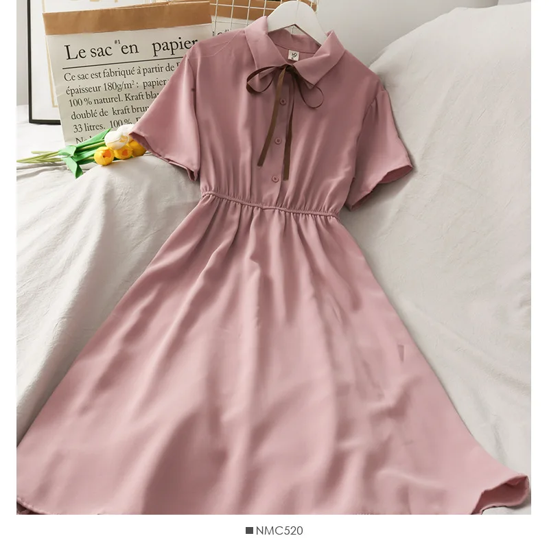 

2021 Summer Chiffon White red blue sweet Big Dress Women Lapel Solid elegant Korean Preppy Short sleeve Party woman Dresses