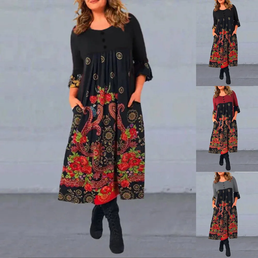 

Floral Printed Button Patchwork Ladies Midi Dress Round Neck Women Dress With Pocket Autumn Spring Long Sleeve Dress