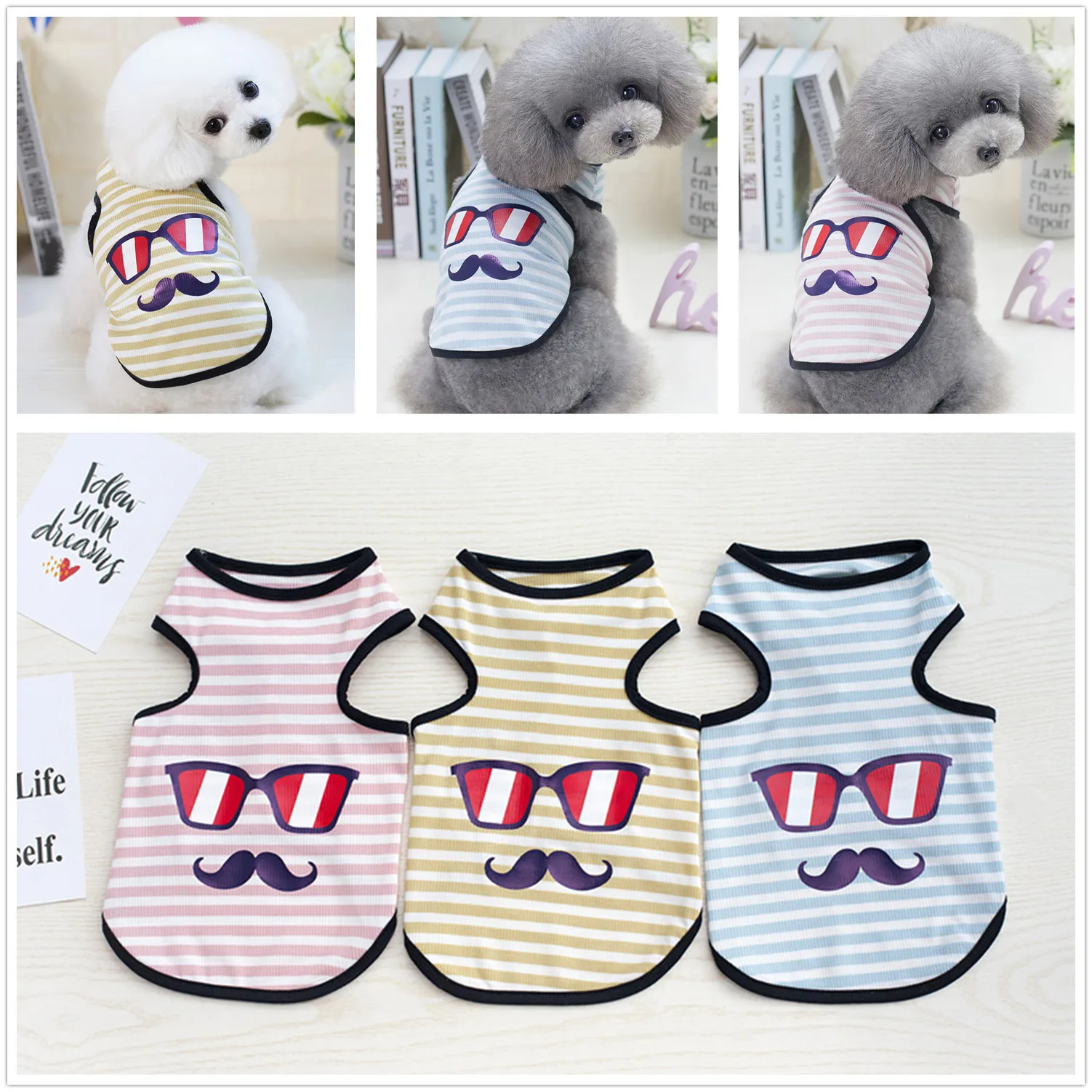 

Summer Striped Funny Sunglass Printed Dog Shirt Cotton Casual Pet Vest Comfortable Costume Puppy T-Shirt Breathable Dog Clothes
