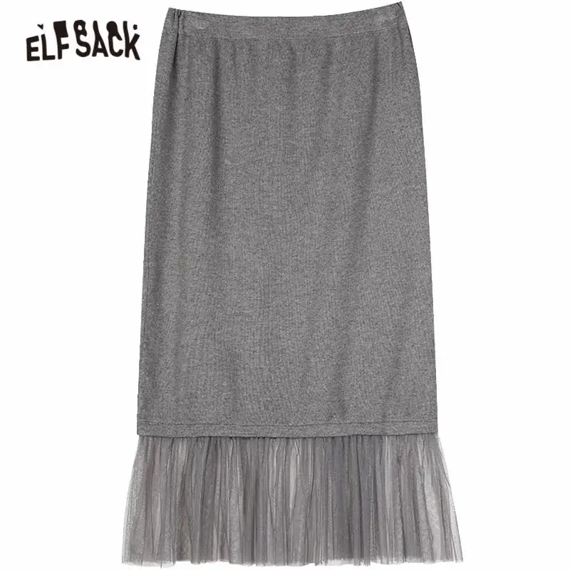 

ELFSACK Black Solid Contrast Mesh Casual Women Midi Skirts,2020 Autumn ELF Gray Pure High Waist,Korean Ladies Basic Daily Bottom