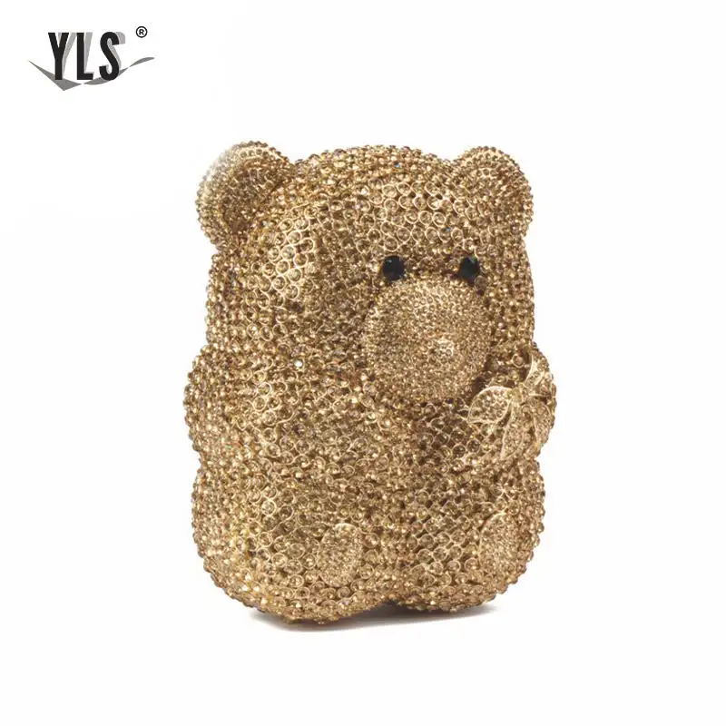 Золотистый вечерний клатч Женский Стильный в виде медведя панды с кристаллами