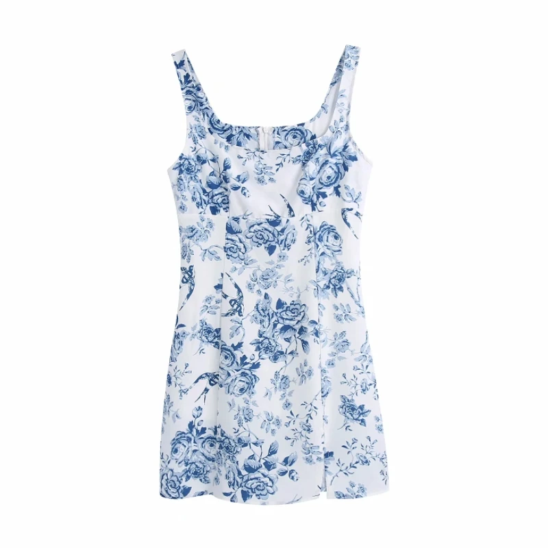 

Summer Women Elegant Floral Print Side Slit Mini Vest Dress Female Square Collar Clothes Casual Lady Slim Vestido D7837
