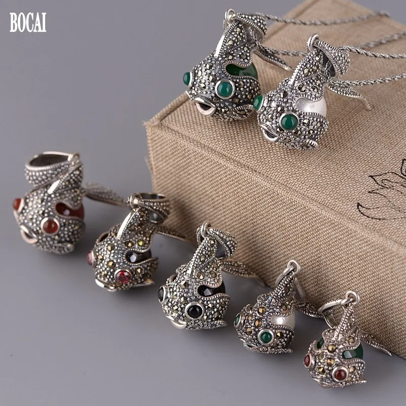 

BOCAI 100% real Solid S925 pure Silver Fashion Jewelry Women Goldfish Pendant Thai Silver Marxite Onyx Bead Pendant for Woman