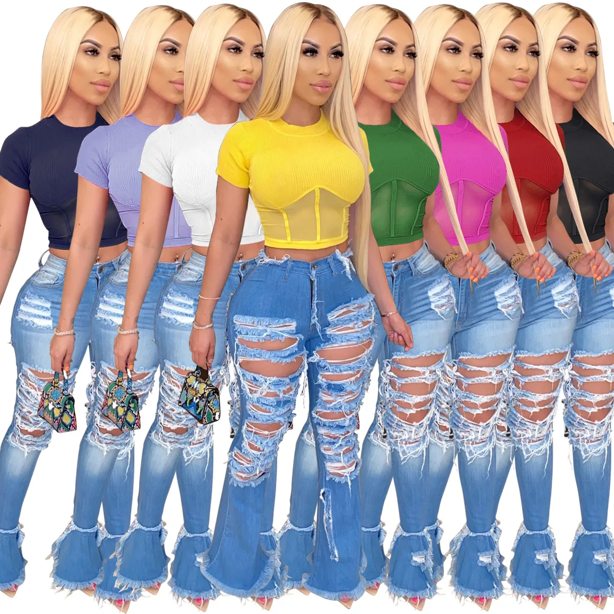 ANJAMANOR Ribbed Mesh Spliced Sexy Shirts for Women Clothing 2020 Summer Short Sleeve Slim Sheer Crop Top T Shirt D48-BF12 | Женская