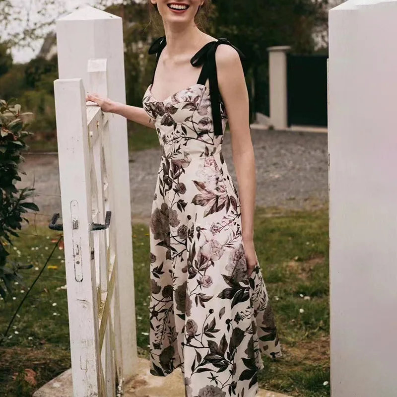 

Платье в богемном стиле, Новинка лета 2021, стильное платье на бретельках с принтом на лямках и окрашенной талией, женское платье средней длин...
