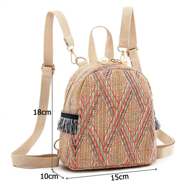 

Straw Woven Striped Prints Women Backpacks Handwoven Tassel Small Backpack Women Shoulder School Bags Straw Schoolbags For Girls