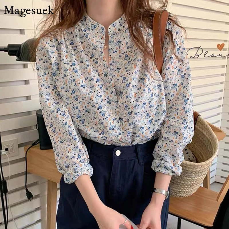 

2021 осень женские туфли в Корейском стиле рубашка с длинным рукавом, v-образный вырез, цветочный рисунок, блузки для женщин, на каждый день, Ре...