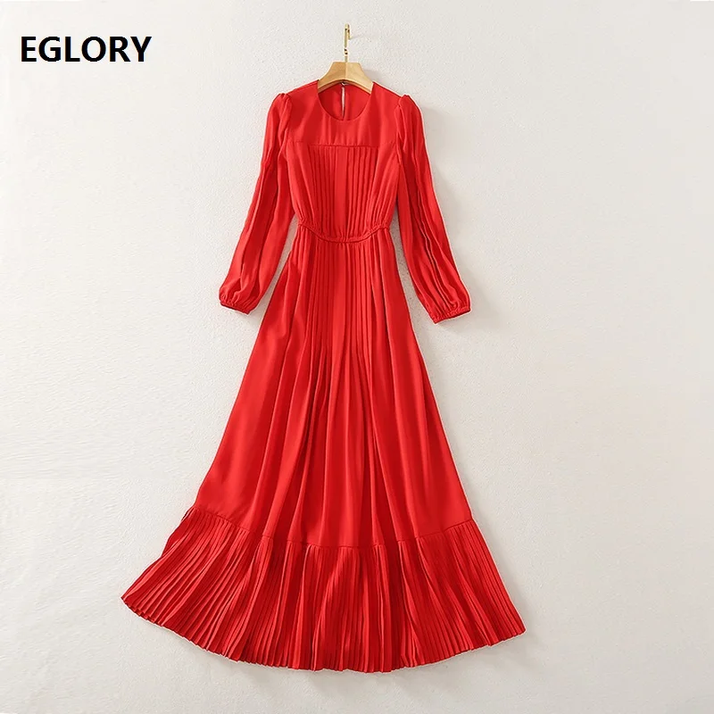 

Red Black Long Dress New 2021 Spring Summer Runway Style Women O-Neck Pleated Patchwork Long Sleeve Elegant Maxi Dress for Party