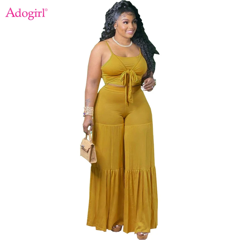 

Adogirl XL-5XL Plus Size Women Solid 2 Piece Set Tracksuit Lace Up Camisole Crop Top Wide Leg Pants Fashion Slim Suit Drop Ship