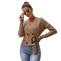 european american autumn winter hot selling womens fashion double breasted waist v neck long sleeved knitted sweater