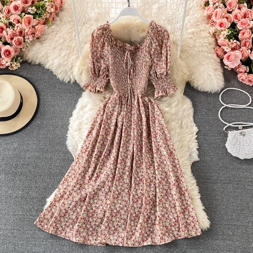 

Summer Bohemian Midi Dress Women Pleated Vestidos Female Floral Print Chic Sweet Ruffle Robe 2021 New Fashion Dresses