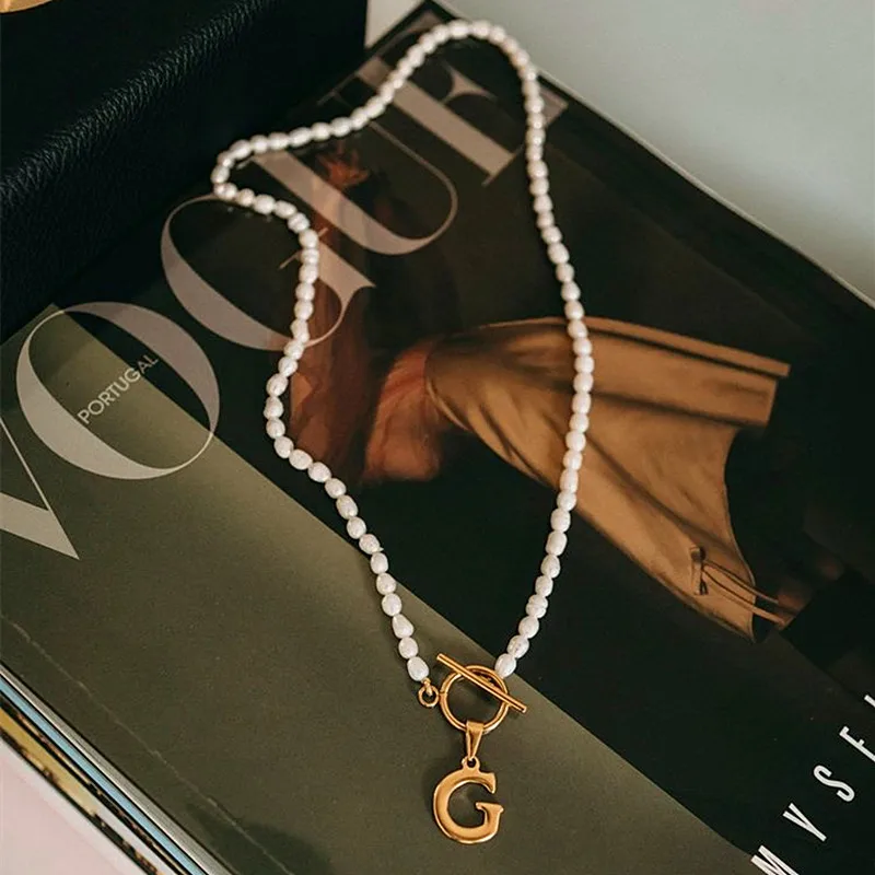 Natural Freshwater Pearl Necklace Stainless Steel Gold Women's 2020 New Boutique Jewelry 24 Stainless Steel Letter Pendants Baro