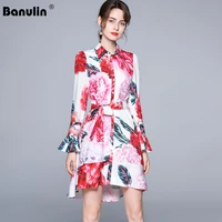banulin women runway floral summer shirt dresses 2021 female flower print flare sleeve elegant belt bow holiday boho short dress