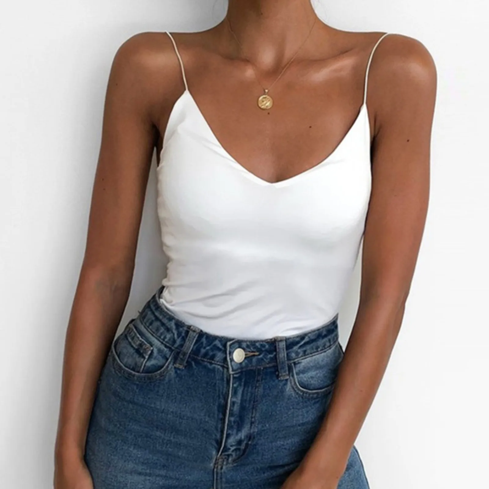 

Базовая белая майка для женщин, пикантный жилет без рукавов с V-образным вырезом, однотонная тонкая майка на бретелях-спагетти, облегающая летняя однотонная Черная майка для женщин