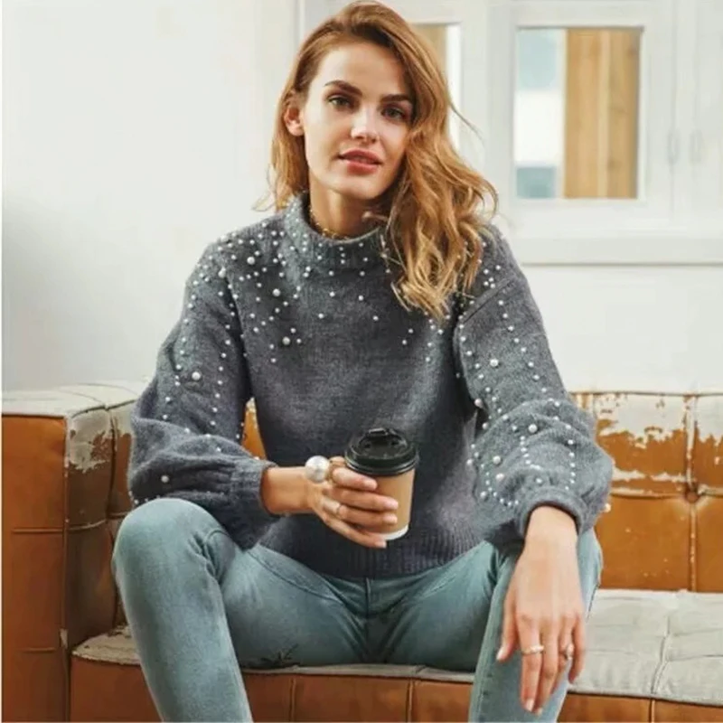 Женский свитер на весну и зиму женский с жемчугом круглый вырез рукав-фонарик