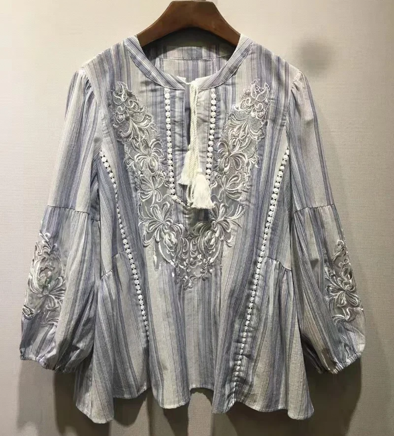 High Quality Linen Blouse 2022 Spring Summer Fashion Tops Women Striped Print Lurex Embroidery Deco Long Sleeve Vintage Tops