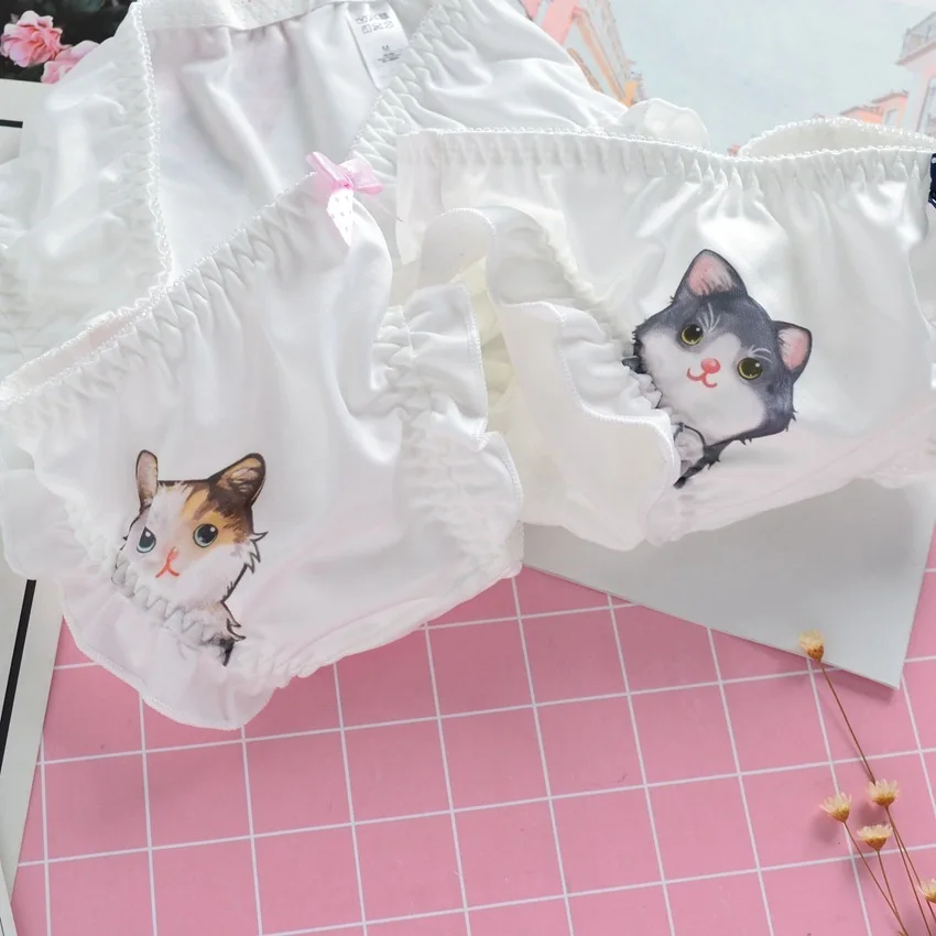 SP& CITY женское нижнее белье с милым рисунком кота из мультфильма для женщин, сексуальные трусики, бесшовные трусы с оборками по бокам, молочное шелковое кружевное белье