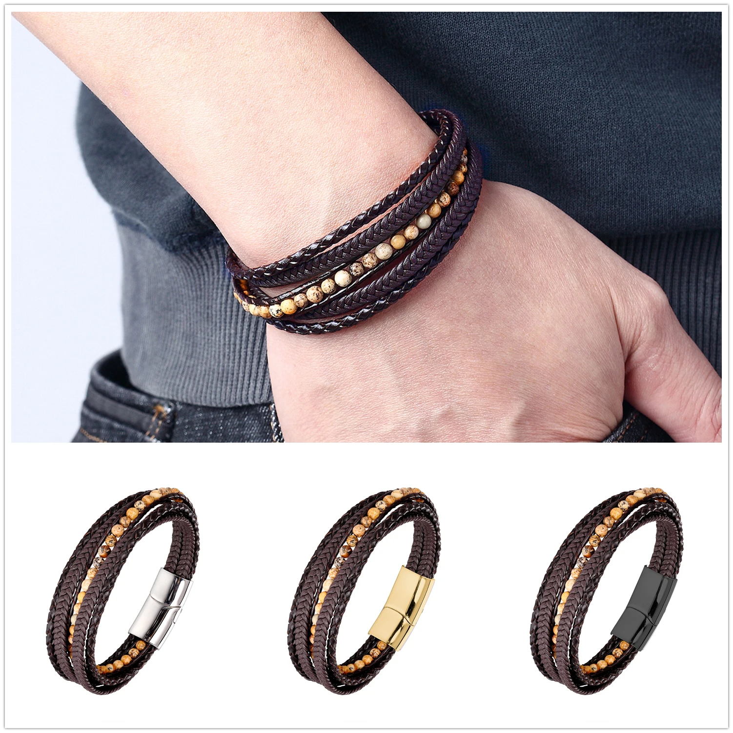 Мужской браслет из натурального камня и кожи нержавеющей стали|Гибкие браслеты| |