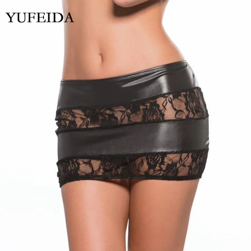 

YUFEIDA Sexy Lace Women Skirts Faux Leather Skirt Hollow Out WetLook Fashion Tight Night Clubwear Erotic Miniskirt Party Costume