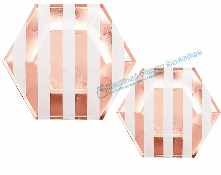 

24 Sets Rose Gold Foil Tableware Sets Striped Plates Scallop Foil Paper Cups Metallic Foil Straws for Birthday Wedding Party