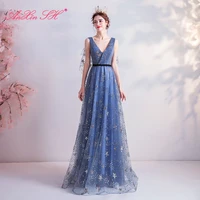 anxin sh luxury princess blue lace evening dress vintage v neck sparkly half sleeve beach sequins blue evening dress 3618