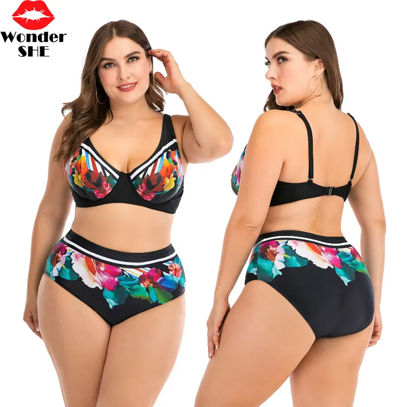 Женский купальник с высокой талией красный цветочным принтом большие