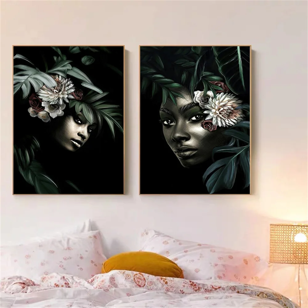 

Nordic African girl with Flowers Canvas Paintings Modern Art Canvas Posters Prints for Women Bedroom Living Room Home Decoration