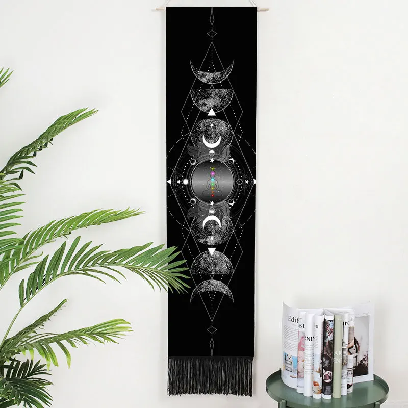 

Moon Phase Change Star Seven Chakras Tapestry Hippie Indian Bohemian Black Wall Hanging With Tasseles Carpet Home Room Decor