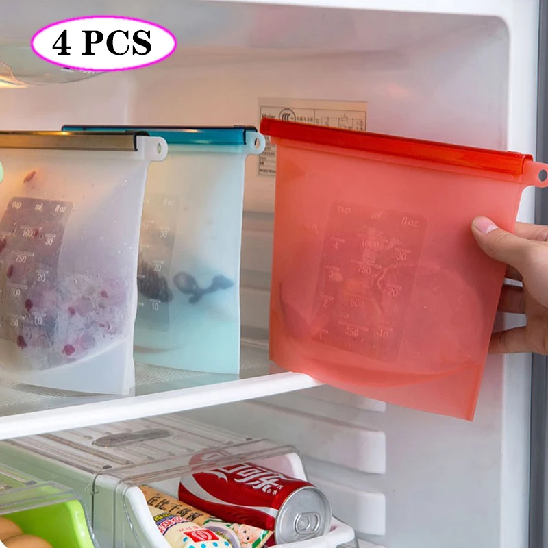 

4Pcs 1000ML Silicone Food Bags Reusable Leakproof Fruit Meat Milk Storage Bag Multipurpose Freshness Ziplock Bag Kitchen Gadgets