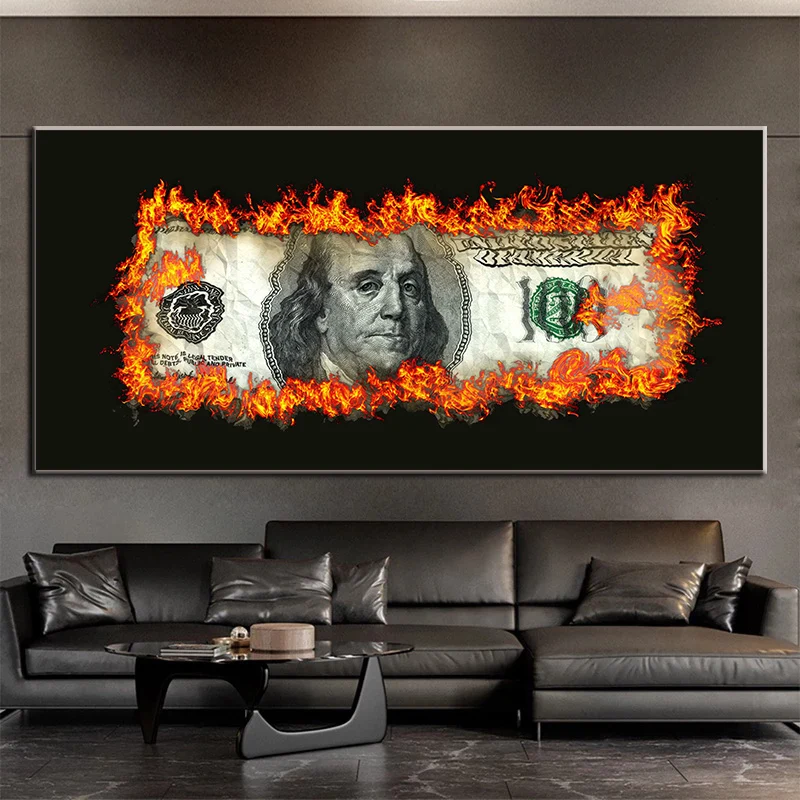 

Creative Burning 100 Dollars Modern Art Print on Canvas Painting Inspirational Bill Money Posters Wall Picture Living Room Decor