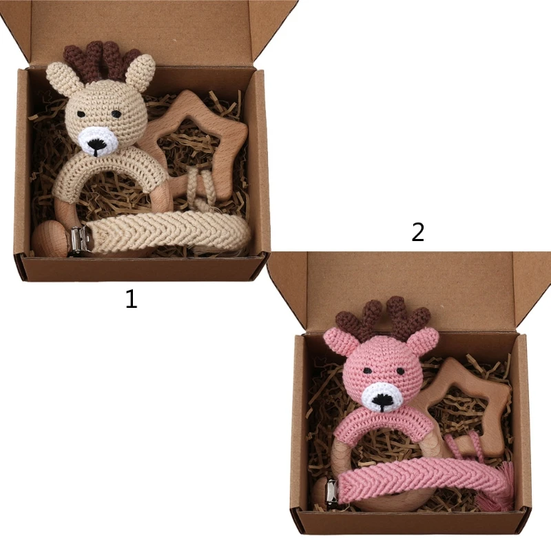 

Baby Wooden Teether Beech Braided Pacifier Clip Chain with Crochet Deer Ring Baby Teether Accessories 3Pcs Set
