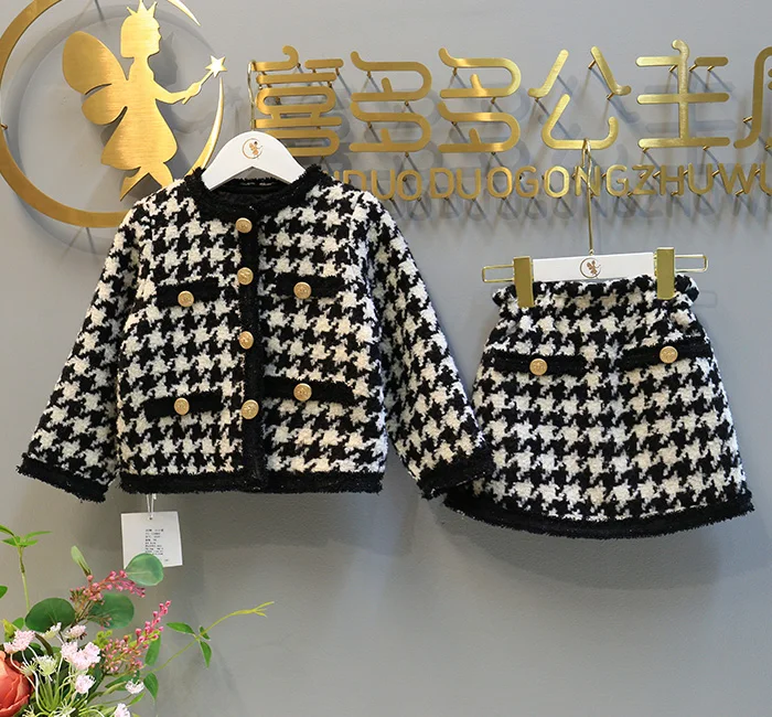 Thanksgiving Outfit Girls Autumn Winter Plaid Jacket Coat And Skirts 2 Pcs Sets Fashion Casual Boutique Outfits Kids Suits | Детская