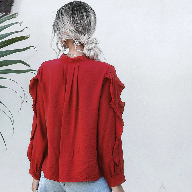 

2021 New Spring Summer Casual Long Sleeve Ruffled Chiffon Shirt Bow Tops Ladies Solid Color Oversize Chic Blouses For All Match