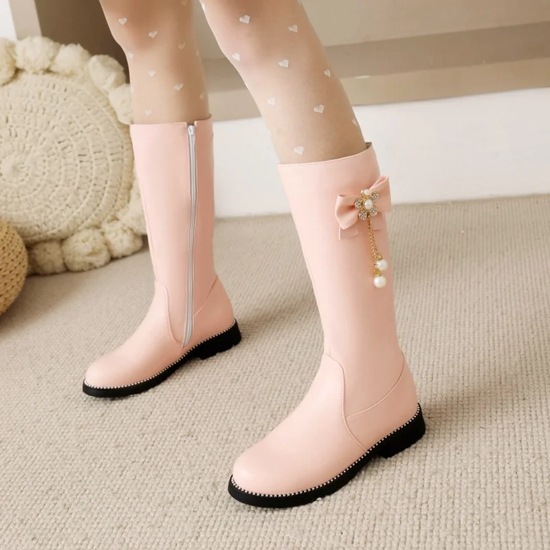 

Fashion Women's High Knee Boots Winter Shoes Shiny Rhinestones Bow Lolita Girls Lovely Sweet Black Pink White Large Size 33- 43