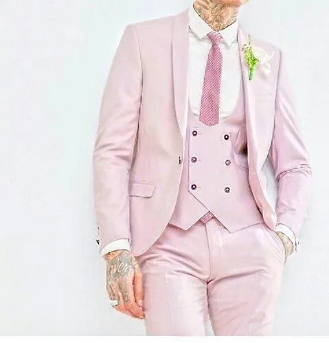 

2019 Elegant Brand New Groomsmen Pink Groom Tuxedos Shawl Lapel Men Suits For Wedding Best Man Blazer ( Jacket+Pants+Vest )
