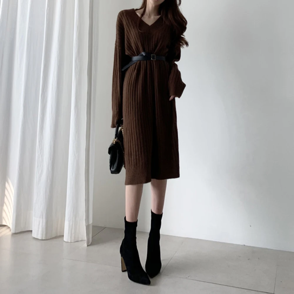 

2021 Autumn Winter New Dress Solid Color Knitting Womens Thicken Warm V-neck Long Sleeve Casual Simplicity Women Dress