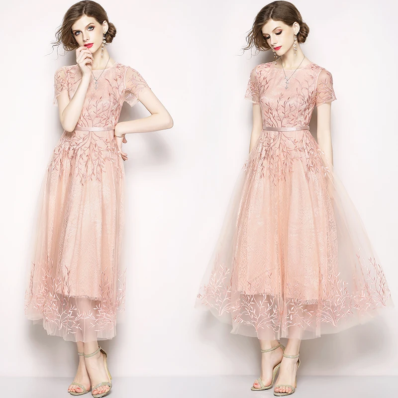 

Sexy O Neck short sleeve Mesh Floral Embroidery Long Dress Women Summer party Dress Elegant Vintage Ladies office work Dress