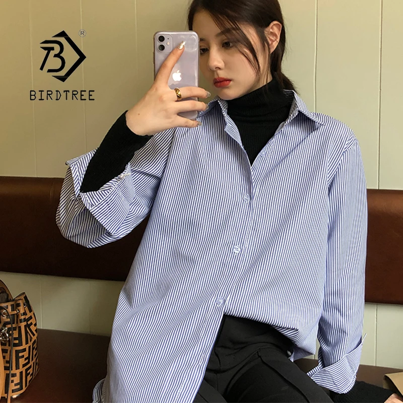 Новое поступление Женская слегка прозрачная синяя рубашка в полоску отложной
