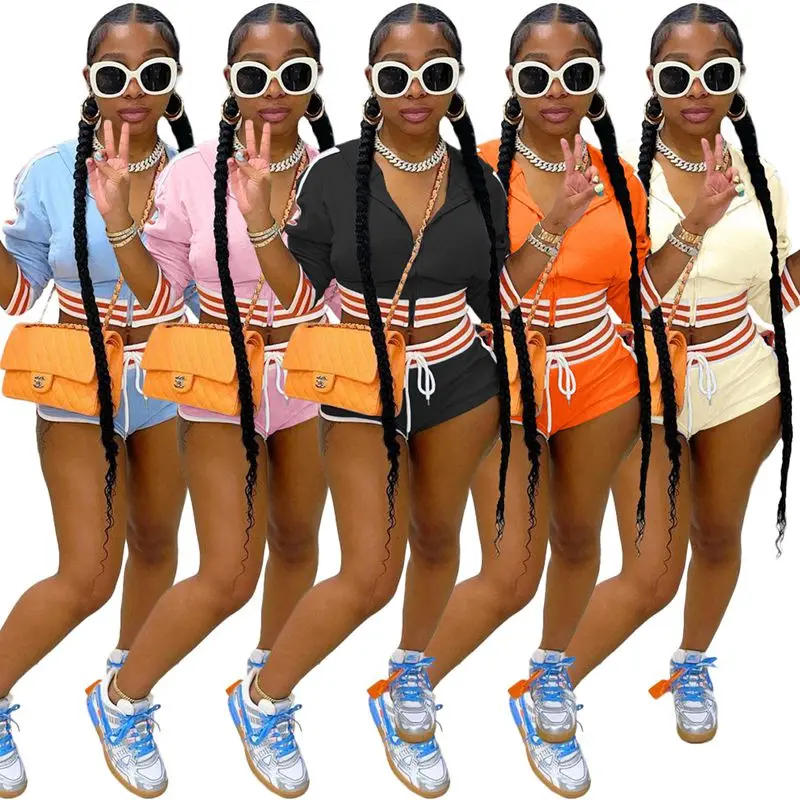 

ZOOEFFBB Women Striped Two Piece Tracksuit Set Fall Hooded Zip Long Sleeve Crop Tops Bike Shorts Suit Streetwear Matching Sets