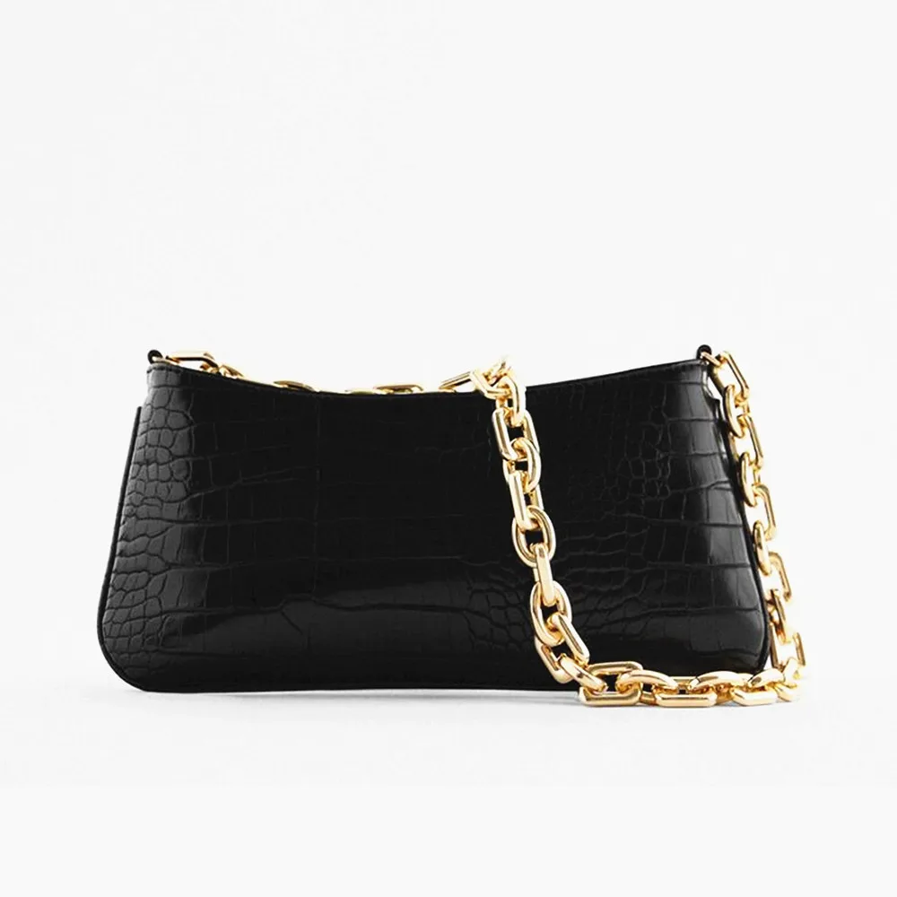 

Женская квадратная сумка под подмышку, черная сумка из искусственной кожи с крокодиловым узором и металлической цепочкой на плечо, 2019
