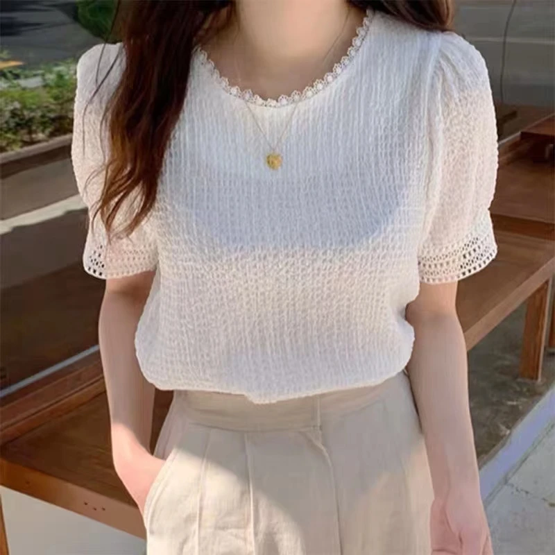 

Lace Spliced Blouses for Women Puff Sleeve Short Sleeve Tops O-Neck Casual Clothes Summer 2021 Korean Fashion New Shirt