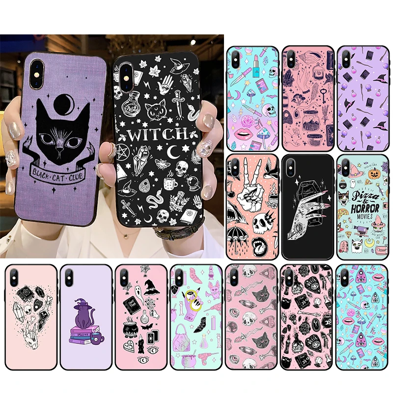 

Girly Pastel Witch Goth Witch Cat Phone Case For iPhone 13 12 11 Pro Max 12 mini XS MAX XR SE2 8 7 Plus X Case